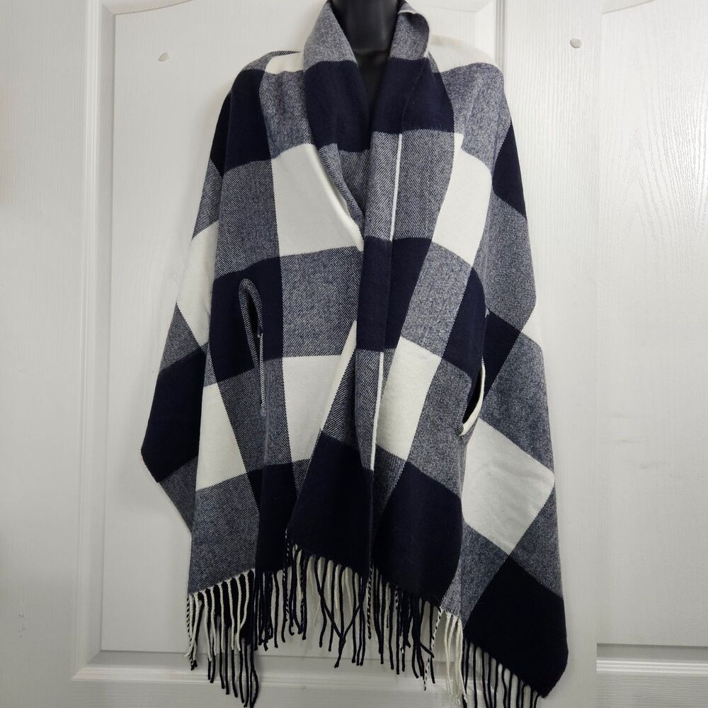 J.Crew Plaid Cape Scarf Poncho Wrap with Armholes Blue and White Buffalo Plaid